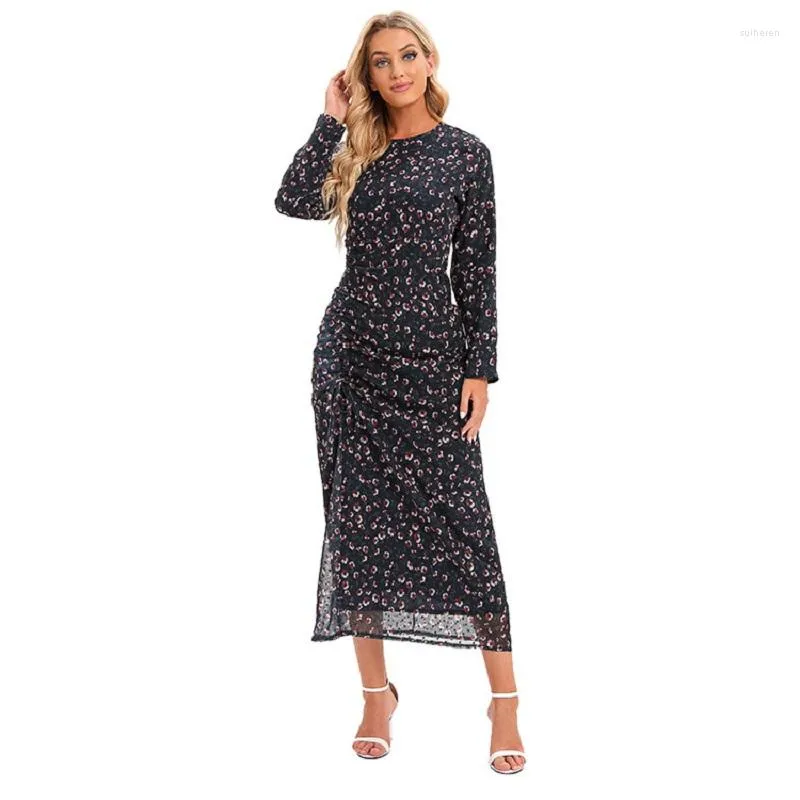 Ethnic Clothing Wepbel Drawstring Women Muslim Dress Abaya Elegant Printed Robe Islamic Long Sleeve Floral Ramadan Turkey Kaftan