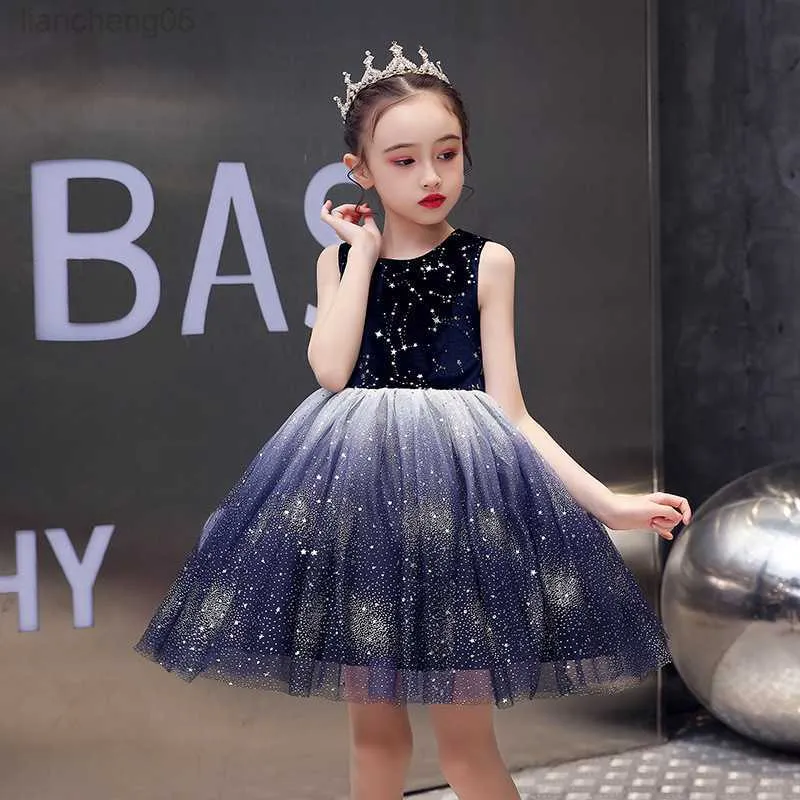 Girl's Dresses Flower Girls Puffy Bridesmaid Dress 2021 New Azure Starry Sky Kids Princess Dress For Girls Evening Dresses Party Dress Come W0224