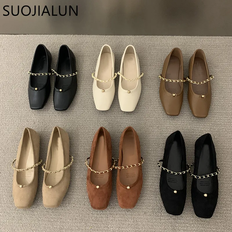 Отсуть обувь Suojialun 2023 Spring Brand Женщины Flat Fashion Chain не мелководье на балетных квартирах повседневная балера Soft Loafers 230224