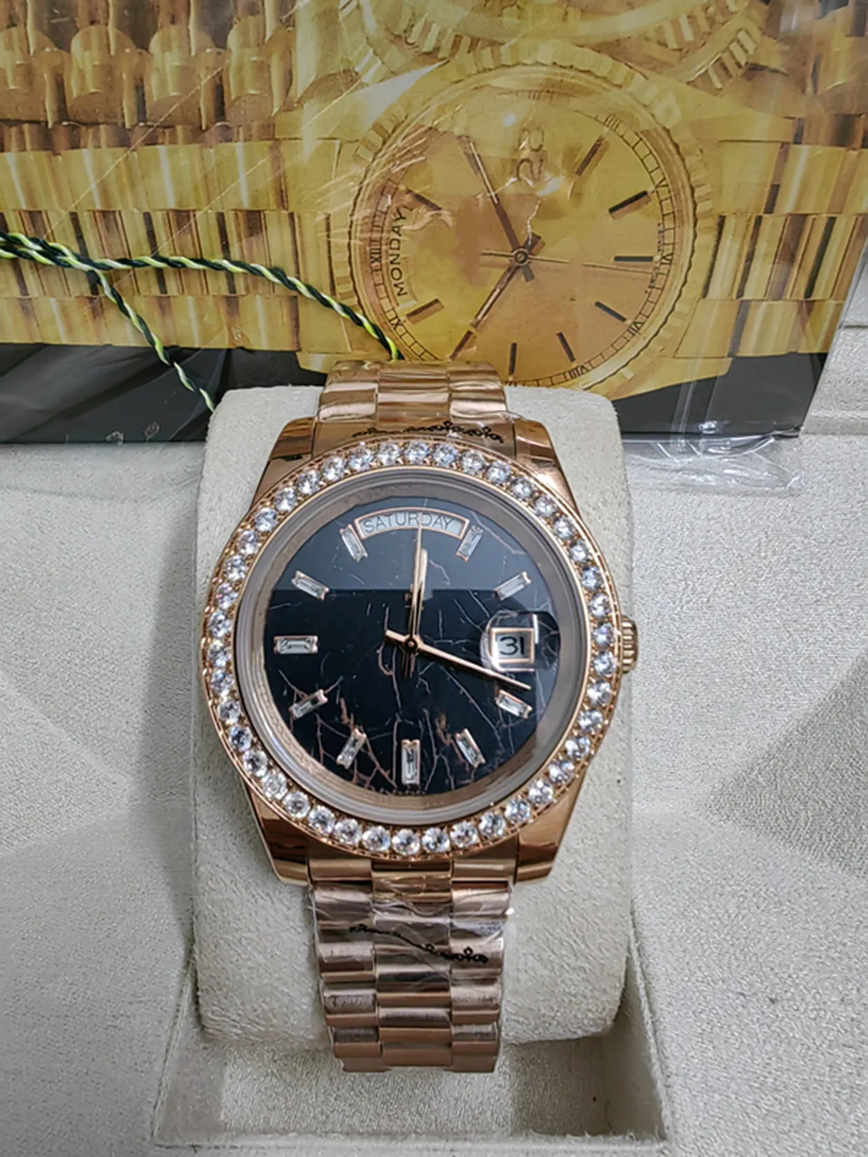 Original box certificate 18k Gold President Male Watches Day Date Diamonds black dial Watch Men Stainless Diamond Bezel Automatic WristWatch 202366