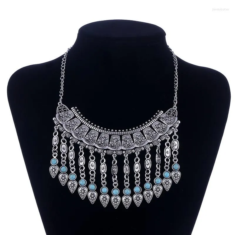 Pendant Necklaces Fashion Bohemian Maxi Choker Statement Necklace Black Blue Bead Vintage Collares Collier Drop Tassel Women Jewelry