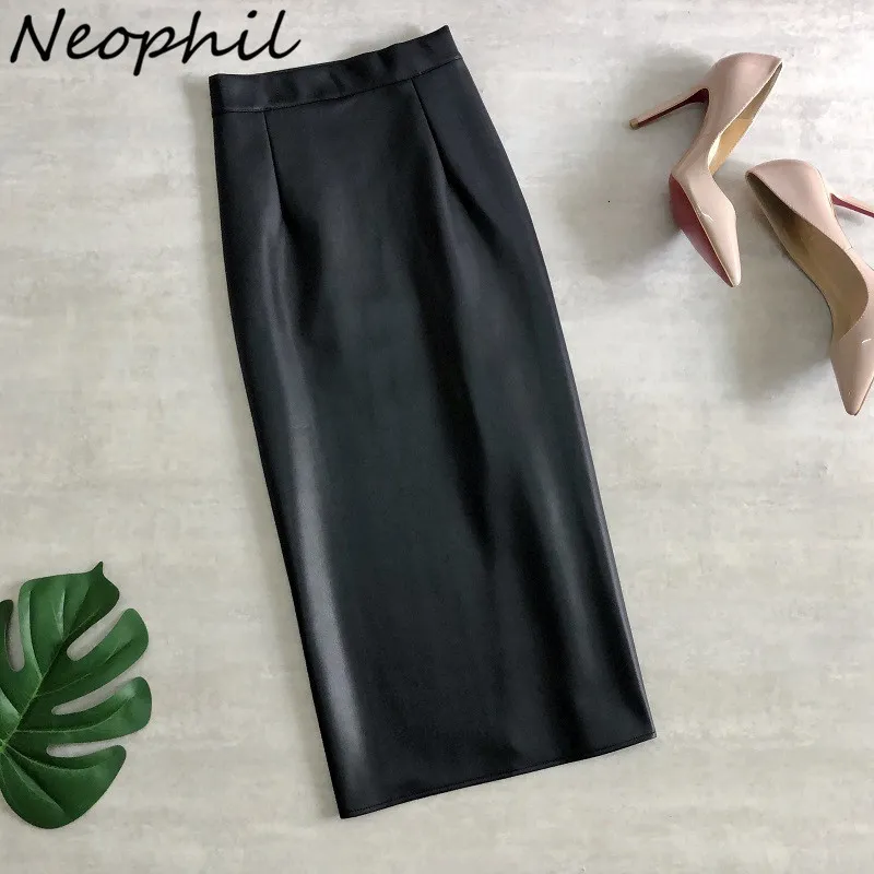 Skirts Neophil 74cm Women's Winter Pu Leather Midi Skirts Pencil Bodycon Elegant Office Ladies High Waist Faux Stretch Sexy Skirt S9902 230223