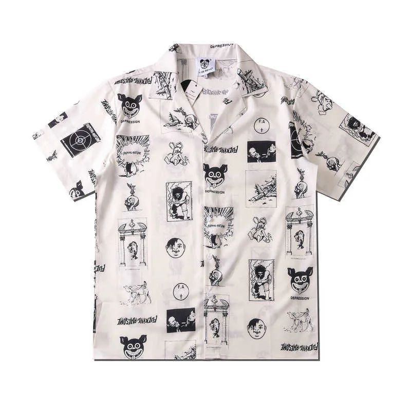 Casual shirts voor heren 2023 Zomer nieuwe mannen Hiphop cartoon print shirt liefhebbers mode korte mouw coole losse Hawaiian Beach Harajuku revers shirts Z0224