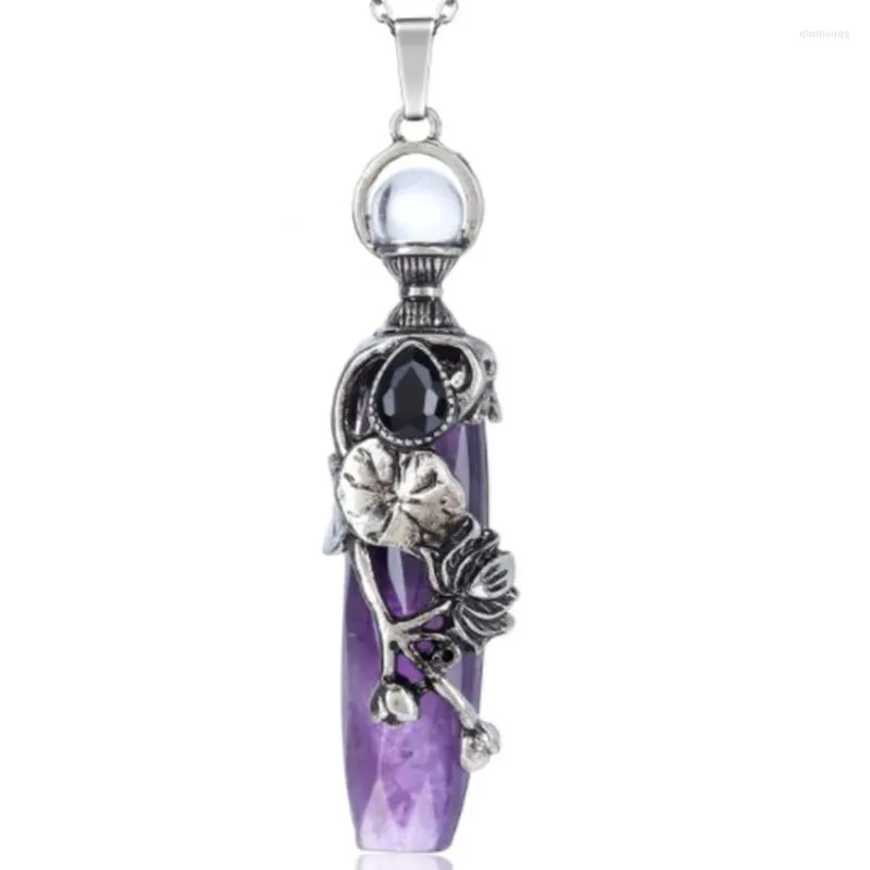 Pendentif Colliers FYJS Unique Plaqué Argent Fleur Forme Géométrique Améthystes Pierre Lien Chaîne Collier Lapis Lazuli Bijoux