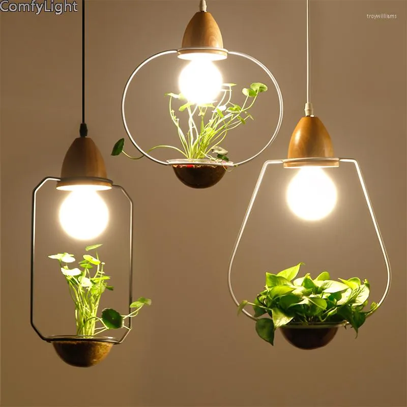 Pendant Lamps Plant Lighting Wood Lampshade Modern Flower Growing Herbs Lustre LukLoy Babylon Home Decor E27 Hanglamp LED Lamp