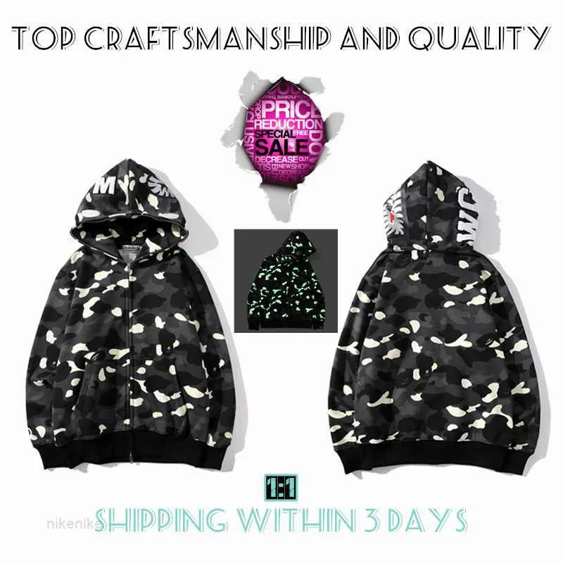 Top vakmanschap heren hoodies haaien pullover apen hoodie designer jas tijger vol zip harajuku sweatshirt mode co-branding camouflage luminous hoodys aaah