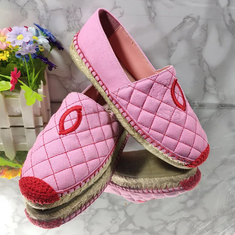 Womens Canvas Denim Dress Shoes Slip-on Flat Heels Loafers Retro Pink Quilted Texture Sandals Soft Rubber Sole Ladies Round Toes Mules Slippers Platform Slide