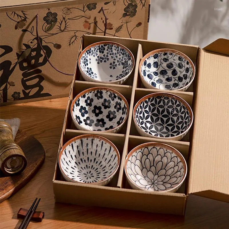 Skålar presentförpackning japansk keramisk spannmål ris uppsättning av 6 underglasyr tryck porslin sallad soppa skål mikrovågsugn diskmaskin säker