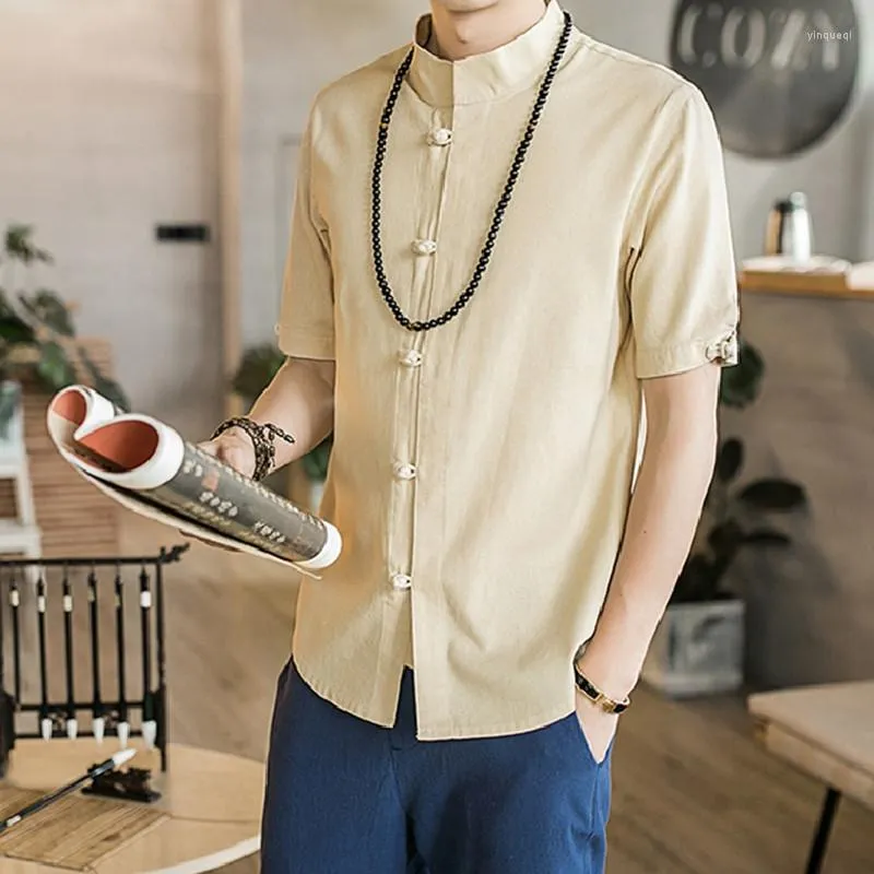 Men's Casual Shirts Trendy Men's Summer Stand-up Collar Button Short-sleeved Shirt Solid Color Slim Street Clothing Tang Suit Hanfu Top