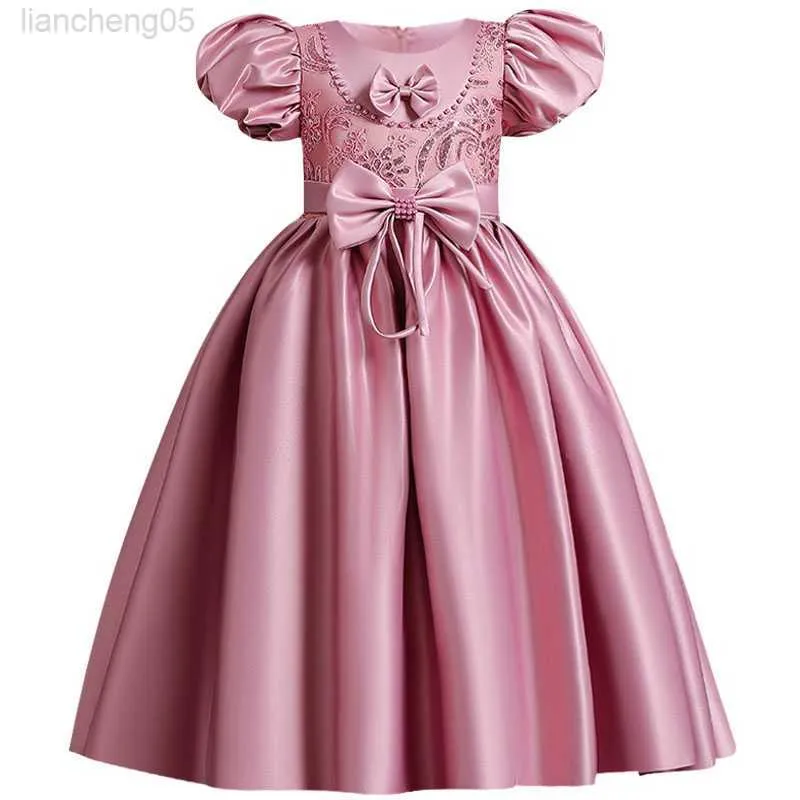 Girl's jurken afstuderen Ceremonie Nieuwe kinderen Bubble Sleeve jurk Princess Pearl Satin Bow Girl Formal Communion Party Banquet Dress W0224