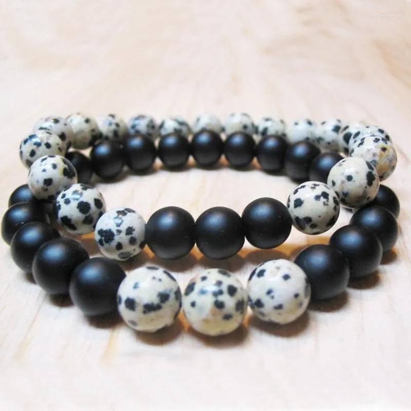 Bedelarmbanden langeafstandsrelatie armband set van 2 Dalmatische steen mat zwart onyx kralen pols matching paar