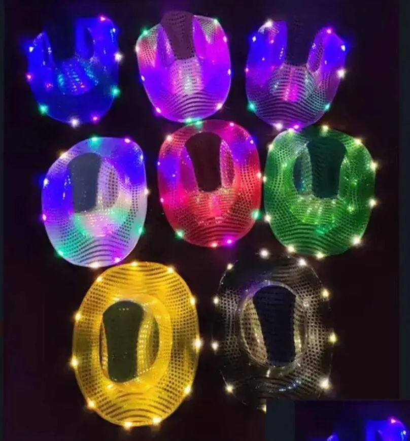 Sombrero LED de vaquera con luz intermitente, sombreros de vaquero con lentejuelas, gorras luminosas, disfraz de Halloween A0224