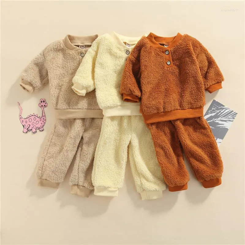 Conjuntos de roupas 0-36m Baby Autumn Invernit Roupet Solid Color Solid Fluffy Mangas compridas Tops de calça as garotas para meninos roupas quentes
