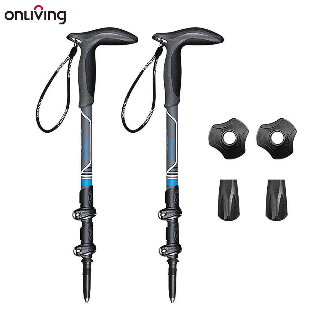 Bastoncini da trekking ONLIVING Bastone da trekking anti shock Blocco esterno in carbonio Maniglia a T Bastone da trekking Canne regolabili Escursionismo Arrampicata Bastone da passeggio J230224