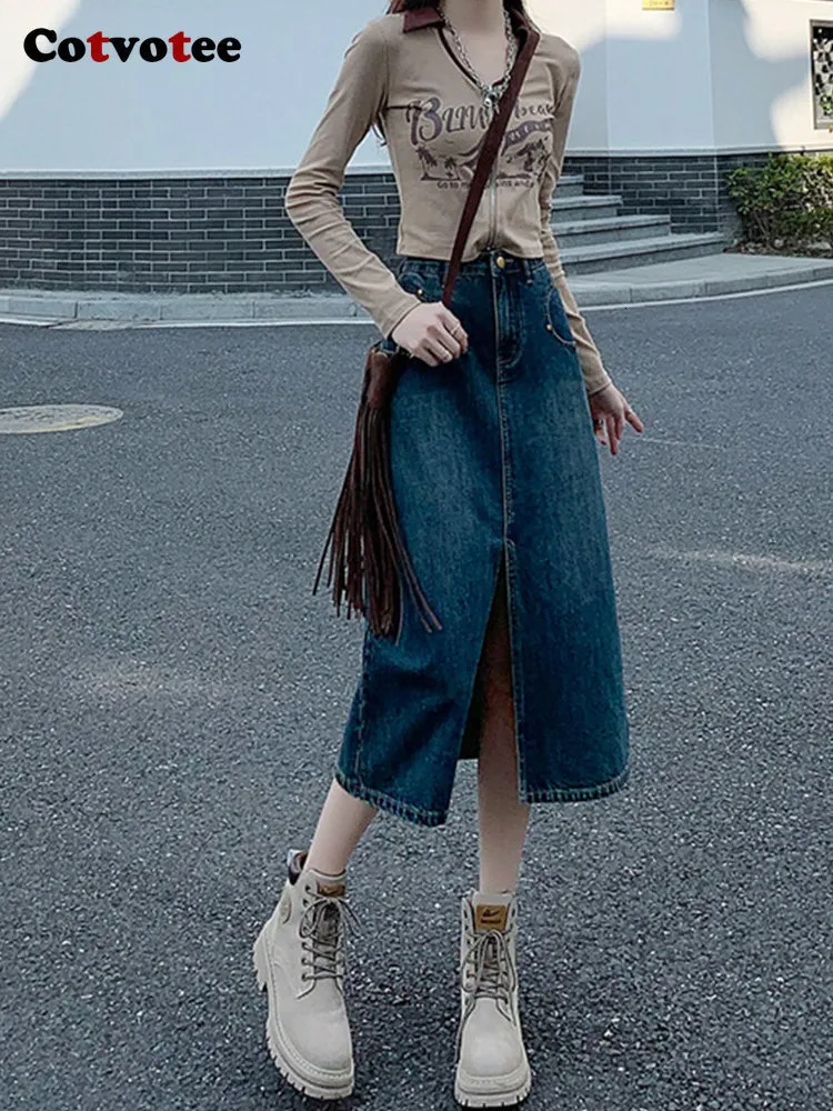 Skirts Cotvotee High Waist for Women Fashion Vintage Split Loose Denim Chic Streetwear Solid Mid Calf Long 230224