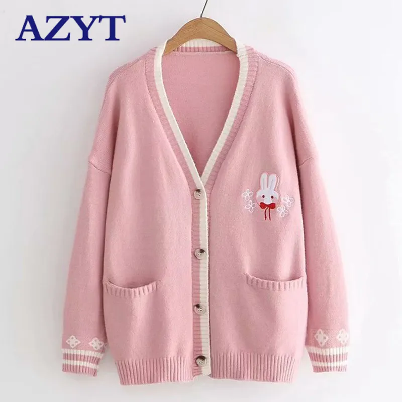 Malhas femininas Tees Azyt Cartoon Bordado Rabbit Knit Cardigan fêmea Spring Autumn Autonário de malha solteira Cardigan Cardigan Pull Femme 230223