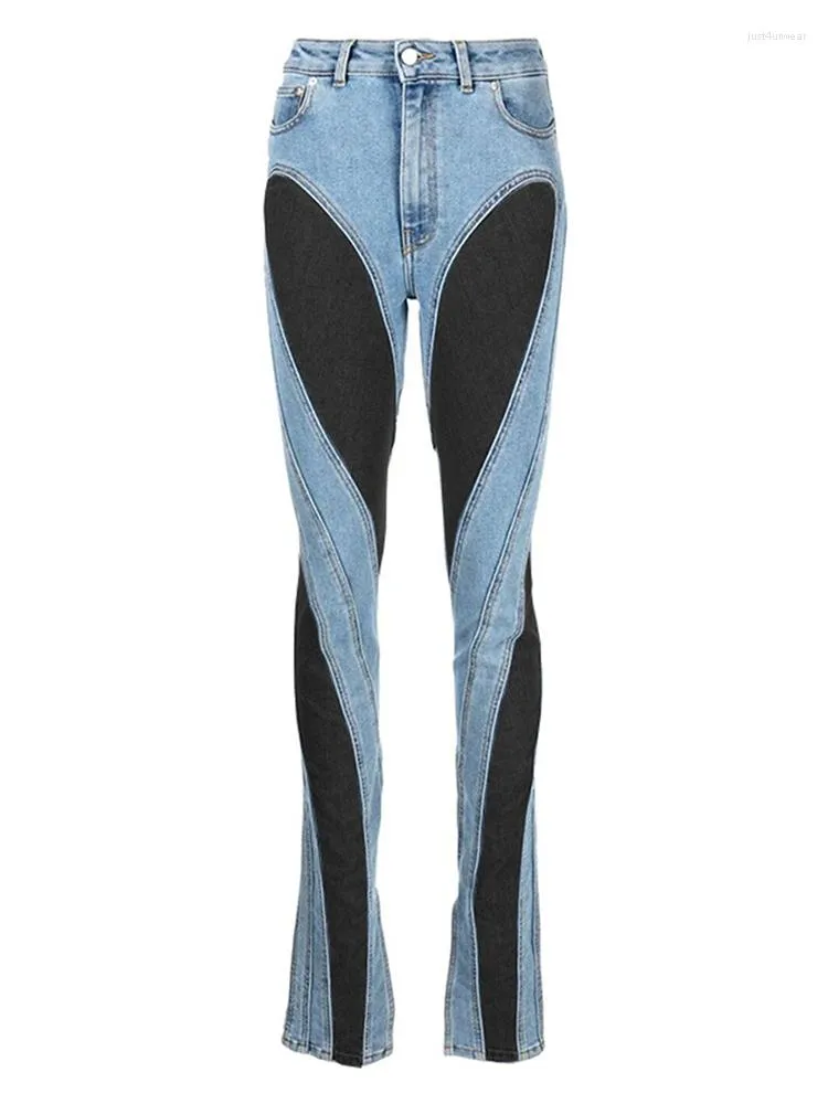 Fashion Women' Jeans Slim Deconstruct Panelled Patchwork High Waist Split Blue Long Denim Pants Autumn