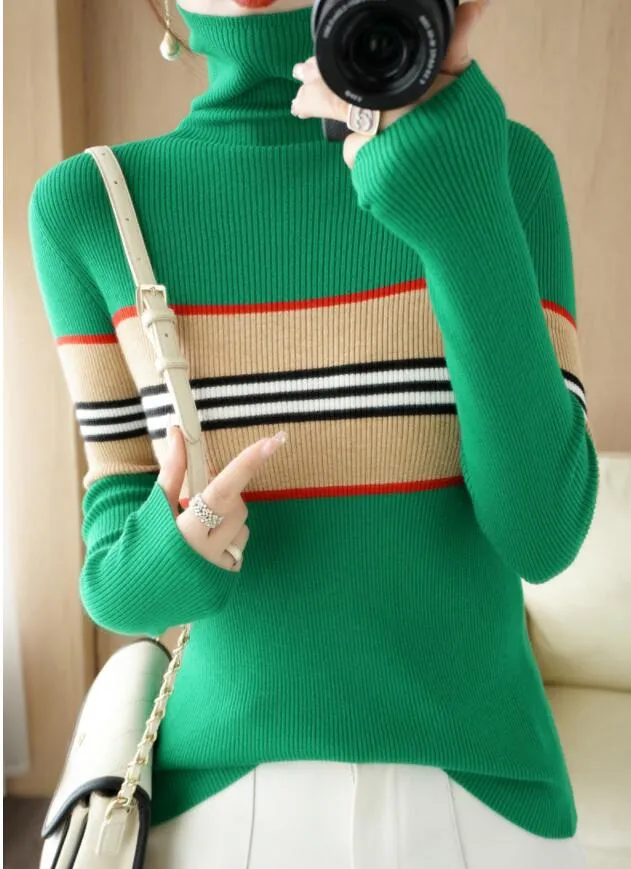 2023 Spring Autumn Autumn New Fashion Turtle Neck Sweaters Slim Pullover de manga longa Office casual Cashmere Undercoat Top Fino Stitching Sweater Women