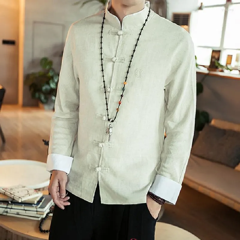 Casual shirts voor heren Chinese stijl herenpak hanfu lange mouwen linnen shirt losse buitenkleding lay boeddhistische zen kleding top