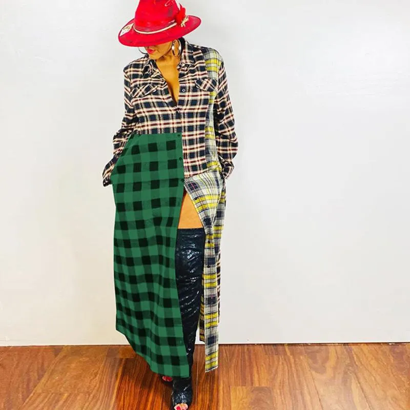 Casual Dresses Plaid Print Long Shirt Dress Women Spring Fall Turn-down Collar Sleeve Button Maxi Sexy Split Party Club Shift