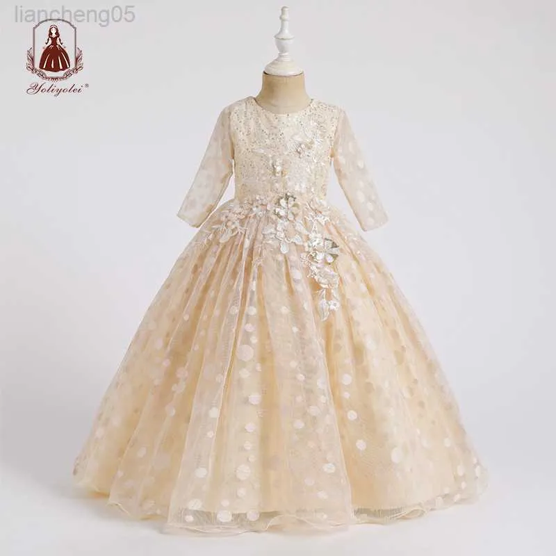 Girl's jurken Yoliyolei pluizige bruidsmeisjesjurk dot mode -appliques gewaad prinsesse enfant vul lange verjaardag kinderen jurken voor meisjes w0224