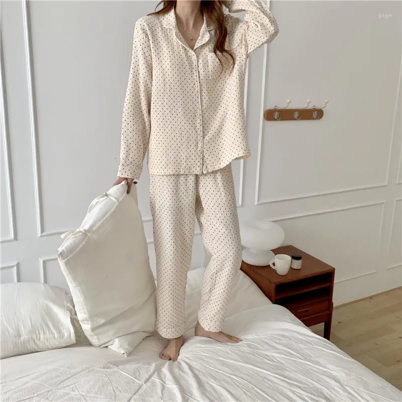 Vêtements de nuit pour femmes à pois coton lin ensemble de pyjamas femmes maison costume revers col chemises pantalons 2 pièces Homewear doux salon Y218