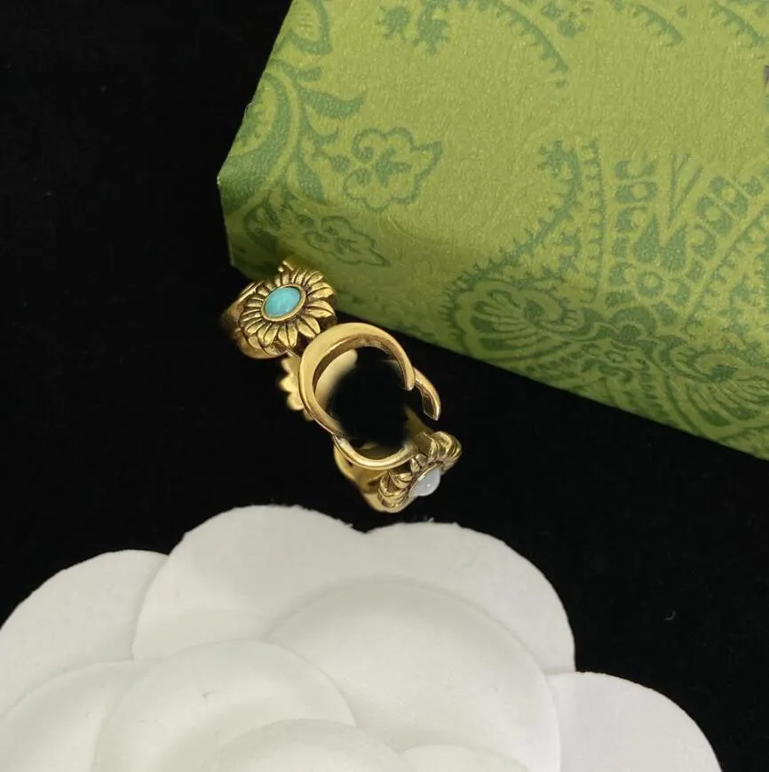 Vintage Two Letter Flower Gold Silver Ring Bague Bijoux modedesigner smycken för kvinnor lady par presentringar med låda
