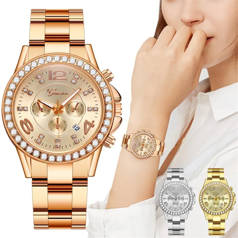 Armbanduhren 2023 Luxus Damen Armbanduhren Rose Gold Kleid Uhr Frauen Kristall Diamant Edelstahl Silber Uhr Montre Femme