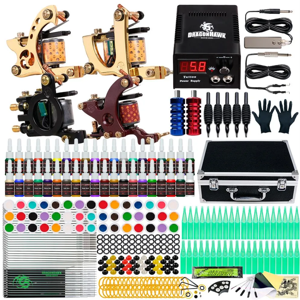 Complete Tattoo kit 4 Machine Guns 40 Color Inks Power Supply Needles Tips Grips Set D139GD-16275p