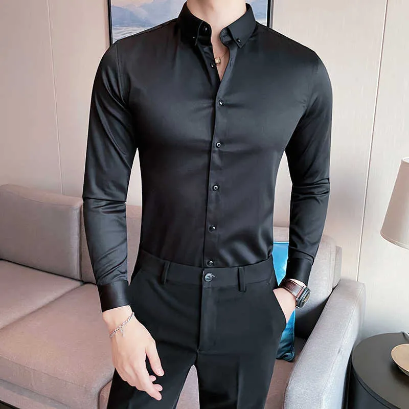 Men's Casual Shirts Plus Size 5XLM British Style Solid Long Sleeve Shirt Men Clothing Simple Slim Fit Business Casual Chemise Homme Formal Wear Hot Z0224