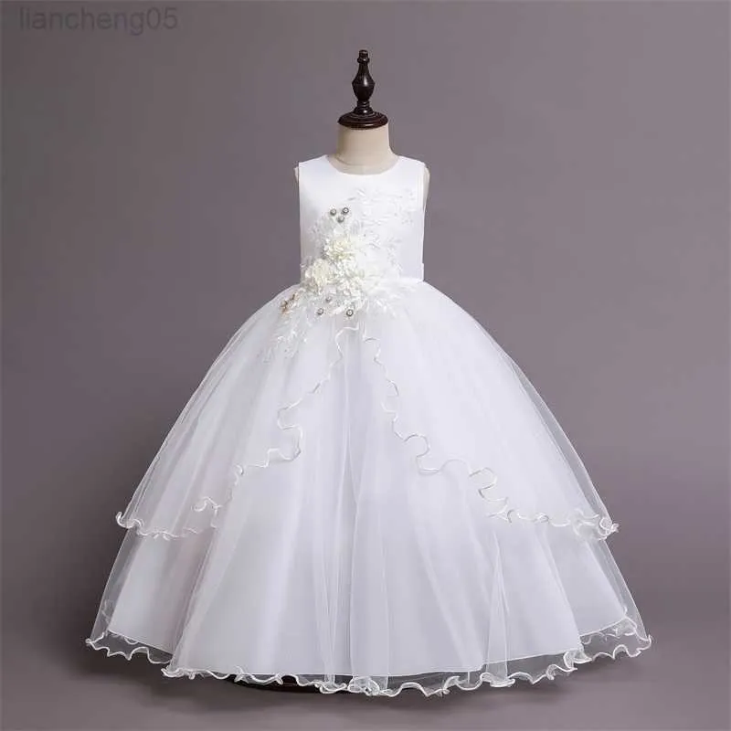 Flickans klänningar Gaun Panjang 4 14 Tahun Pesta Putri Vestidos Gaun Musim Panas Pengiring Pengantin Pernikahan Putih Manik-Manik Bunga Anak-Anak Baju Bayi W0224