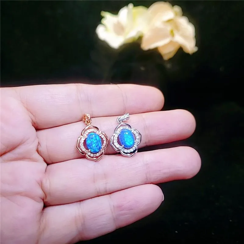 Anhänger Halsketten Frauen Blau Opal Blume des Lebens Halskette Weißer Kristall Oval Stein Charme Gold Rose Kette Für FrauenAnhänger