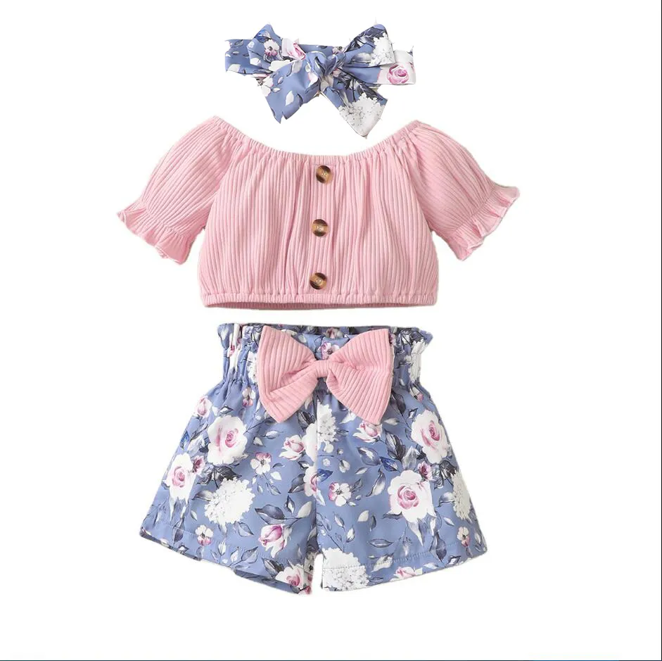 ファッション夏の新生児の女の赤ちゃん服セット半袖フリルトップ花柄のショートパンツヘッドバンド幼児3PCS衣装