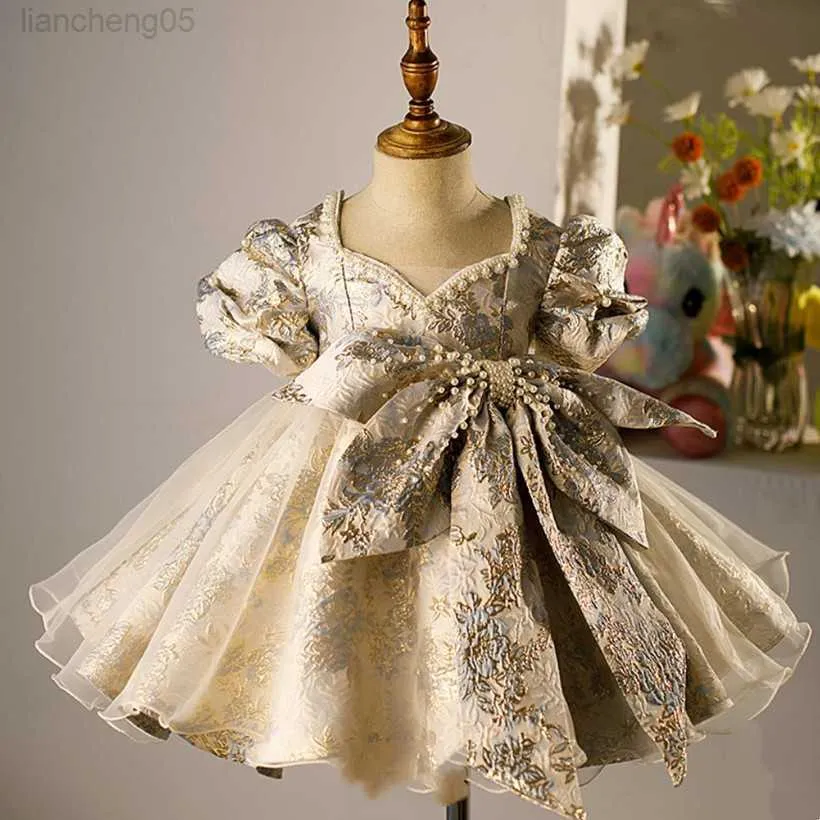Flickas klänningar flickor spanska blommiga pärlor bollklänning baby lolita prinsessan klänningar spädbarn födelsedag dopning klänning flicka boutique kläder a1354 w0224