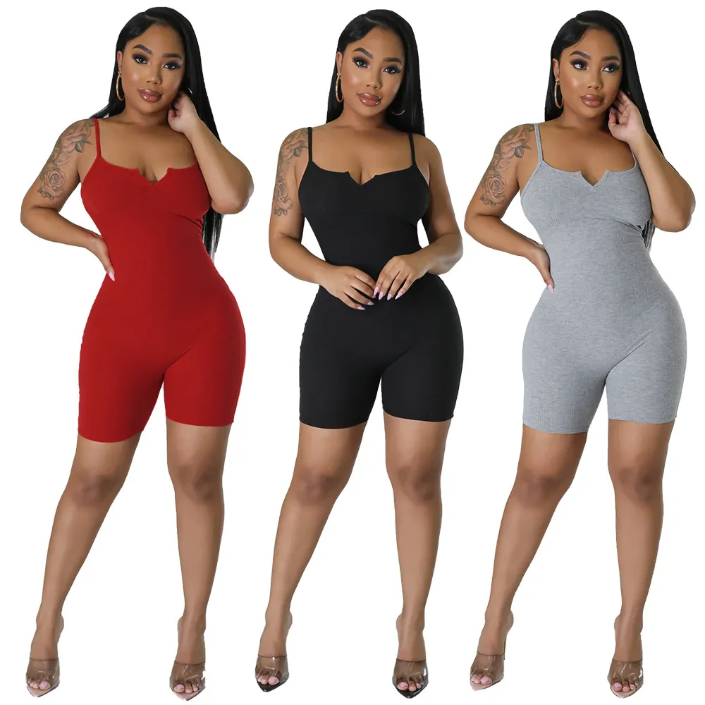 2023 Designer Sexiga Ribbade Rompers Dam Sommar Ärmlösa Spaghetti Straps Jumpsuits Casual V-hals Bodycon Playsuits Nattklubbskläder Overaller Partihandelsartiklar 9333