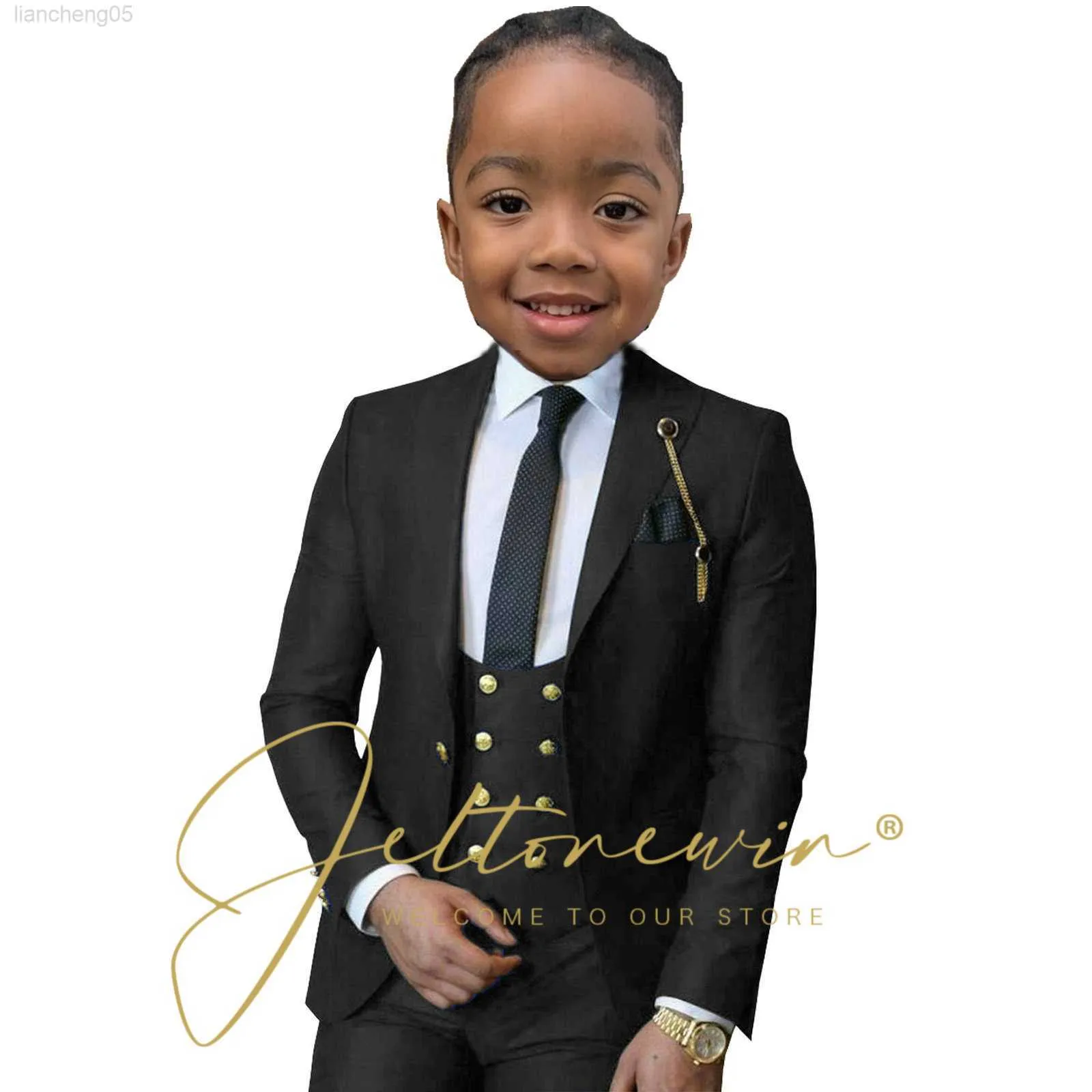 Giyim Setleri Resmi 3 Parça Boy Altın Düğmeleri için Siyah Takım Çocuk Boy Düğün Elbise Ceket Yelek Pantolon Çocuklar için Giysiler Blazer Setleri W0224