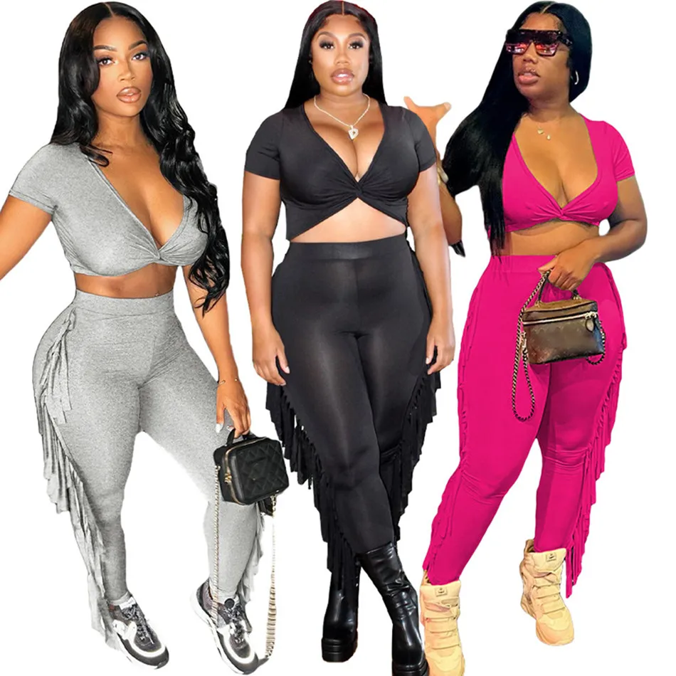 2023 Designer Sommer Outfits Frauen Trainingsanzüge Zweiteiler Kurzarm V-Ausschnitt Criss-Cross Crop Top und Quasten Hosen Sweatsuits Lässige Sportanzüge 9341