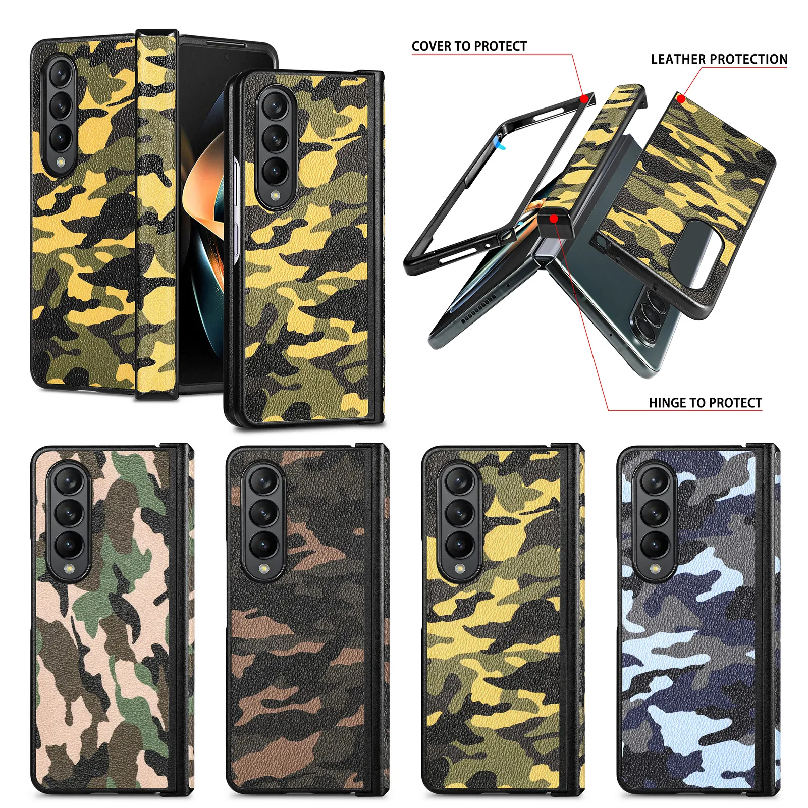 Casos de telefone ￠ prova de choques para Samsung Galaxy Z Fold 4/3 Camuflage Pattern PU PU CAEL