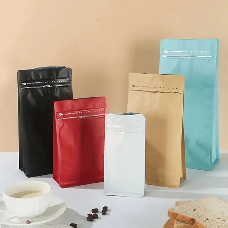Goldene Kaffeebohnen-Beutel Mit Ventil – 10 Stück, Rechteckig, 20x13 Cm, Flacher Standboden, Wiederverschließbar Mit Reißverschluss.