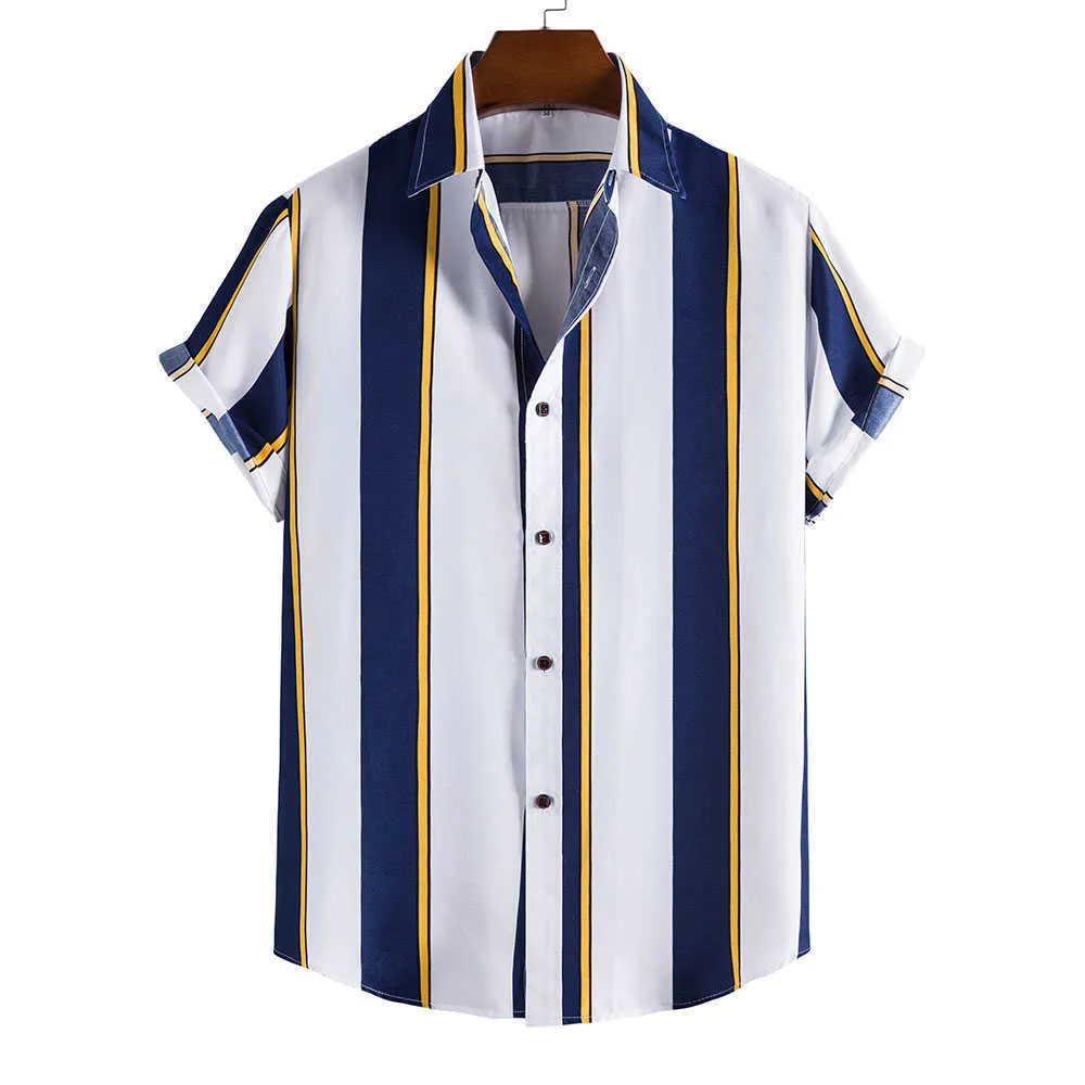 Men's Casual Shirts Men's Hawaiian shirt summer stripe print short sleeve shirt T-shirt fashion casual social shirt lapel button oversized men's wear Z0224