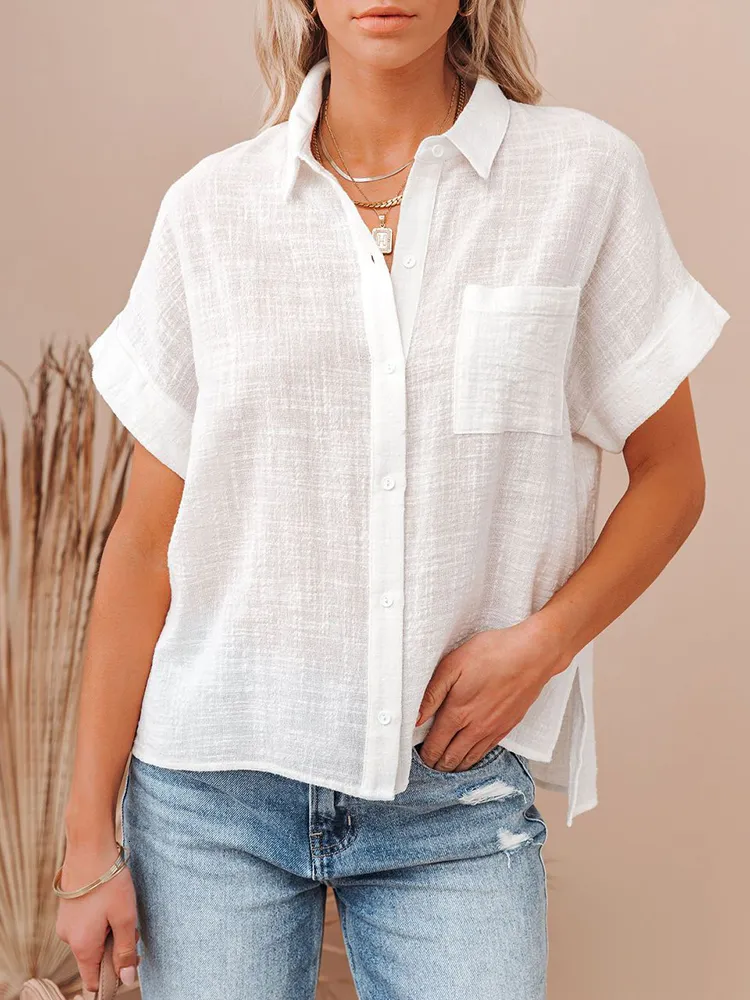 Blusas Femininas Camisas Casuais S lido Manga Curta Algod o Linho