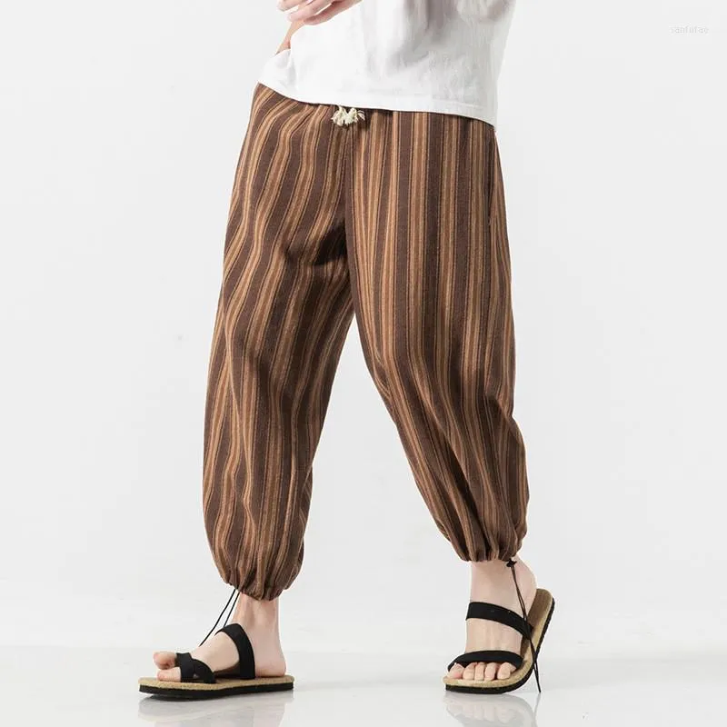 Herrbyxor japanska lösa jogger streetwear linne harajuku stil mäns tröjor randiga fickor bred ben