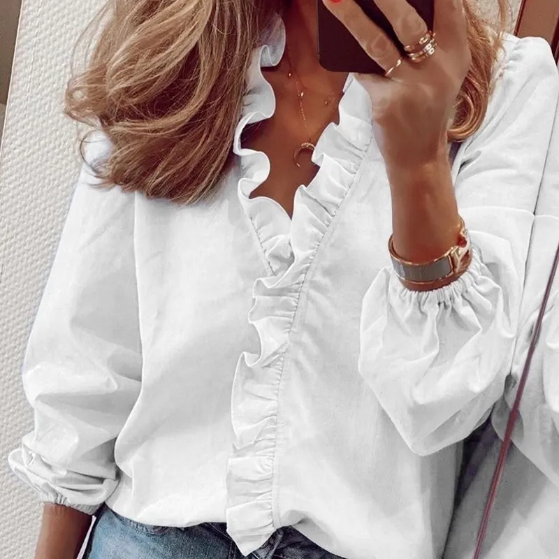 Femmes Blouses Chemises Élégant Blanc À Volants Blouse Femmes Automne Printemps À Manches Longues Col En V Pull Tops Bureau Dame Casual Plaine Plus La Taille blusa 230224