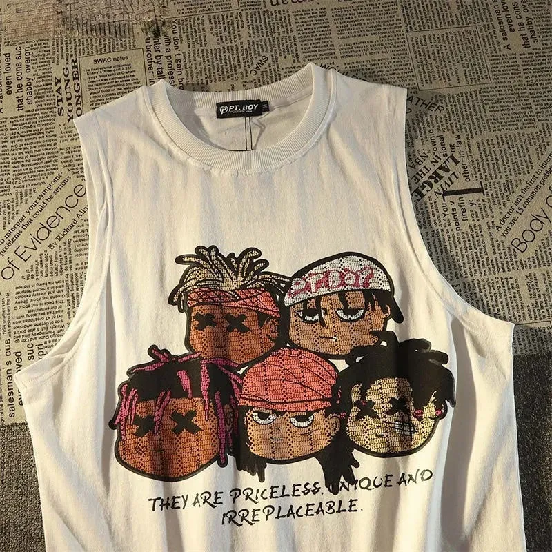 Kadınların İki Parçası Pantolon Avrupa ve Amerikan Retro Karikatür Avatar Baskı Erkekleri Kadınlar Traend College Style Sports Sleeless Tshirt Y2K Üst Giyim 230224