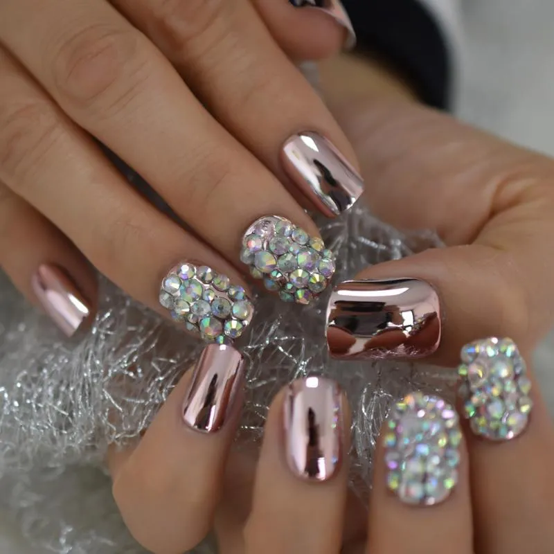 Short acrylic 2024 nails with rhinestones