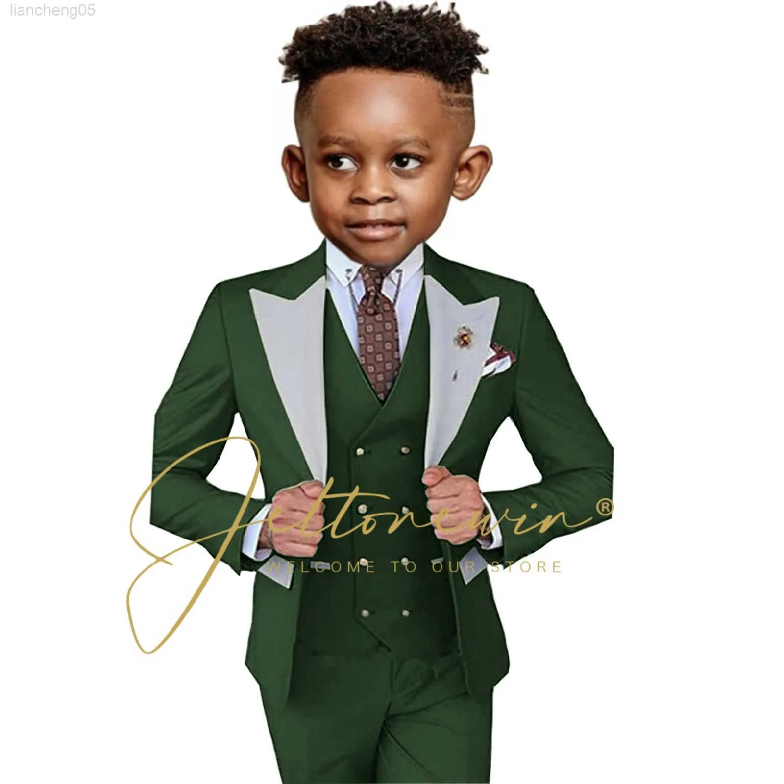 Completi di abbigliamento Completo verde scuro per ragazzi Giacca da festa formale Pantaloni Gilet 3 pezzi 3-16 anni Risvolto argento Smoking da sposa Blazer per bambini Set bambino W0224