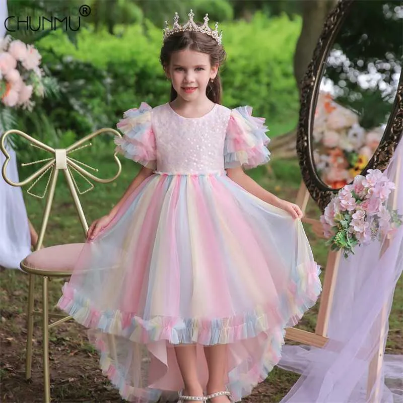 Girl's Dresses Summer Girls Fluffy Princess Dress Teen Girl First Communion Ceremony Long Trailing Clothing Kids Bridesmild Party Vestidos W0224