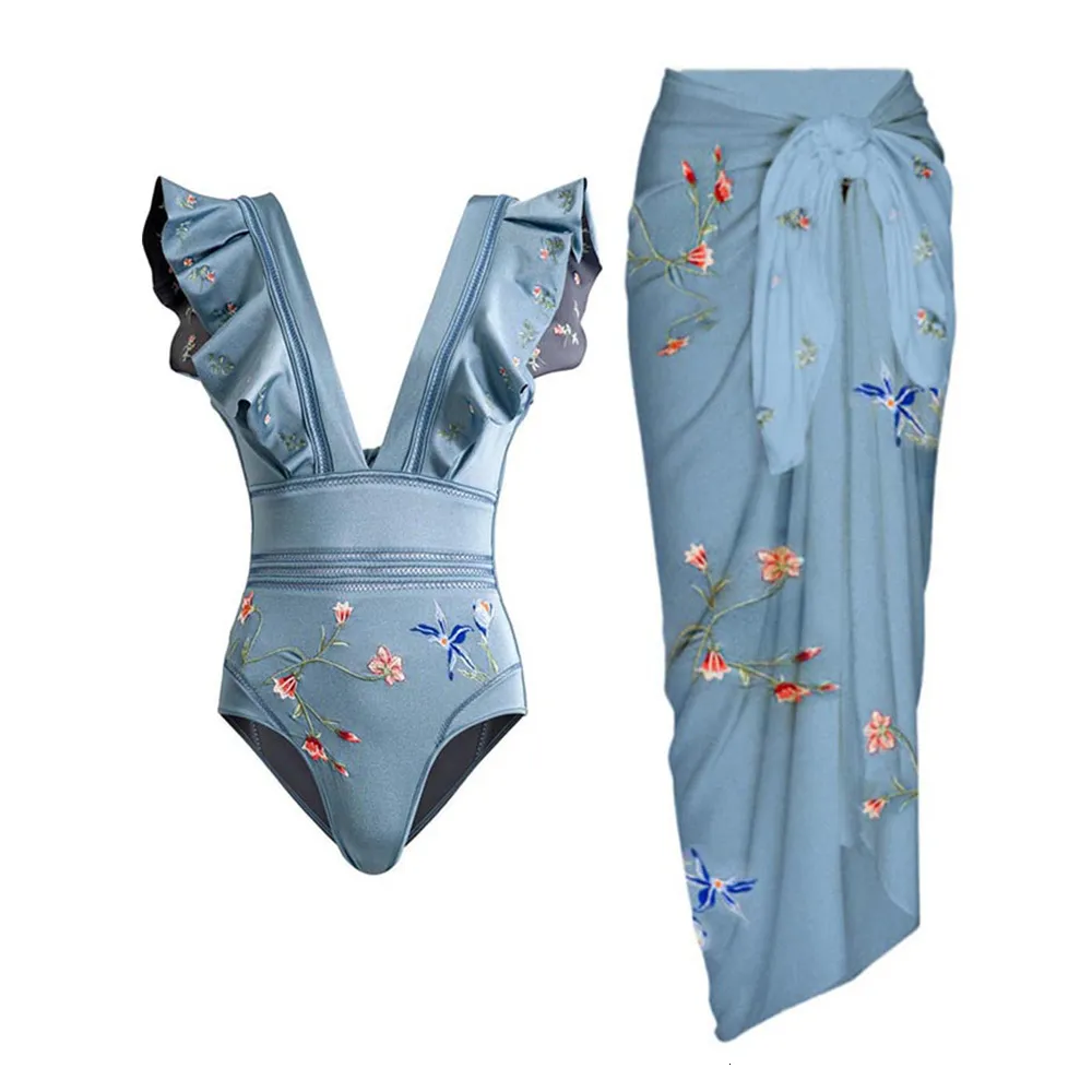 Women's Swimwear Retro Printed Ruffle Edge Swimsuit with Skirt Slim Bikini Suit VNeck Backles Holiday Beach Dress 230224