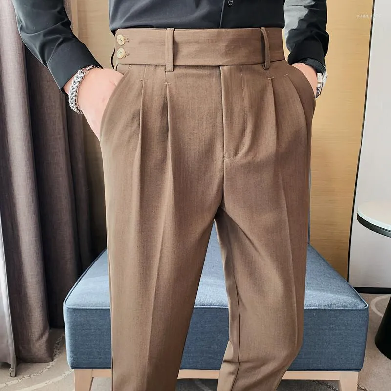 Men's Pants Fashion Twill Fold Design High Waist Dress Suit For Men Clothing 2023 Business Formal Wear Ankle Length Straight Trousers