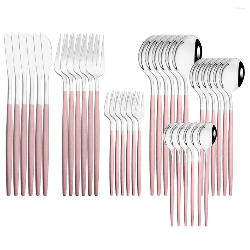 Ensembles de vaisselle 6 personnes rose argent ensemble en acier inoxydable couverts couteau fourchette à fruits cuillère fête cuisine vaisselle argenterie